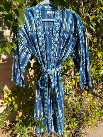 Cotton indigo plant dyed short kimono robe