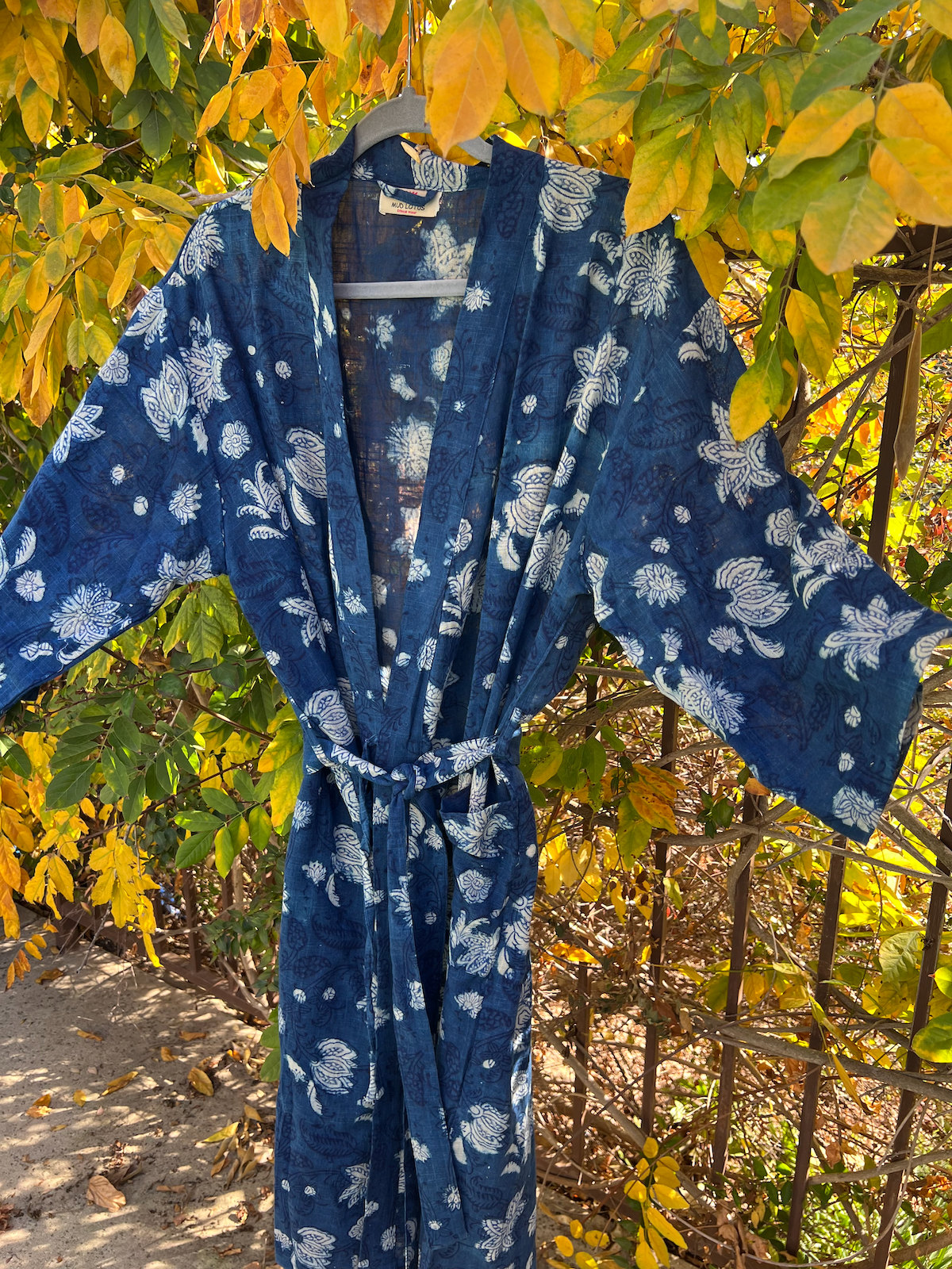 Indigo Dyed Floral Block Print Kimono (Unisex)