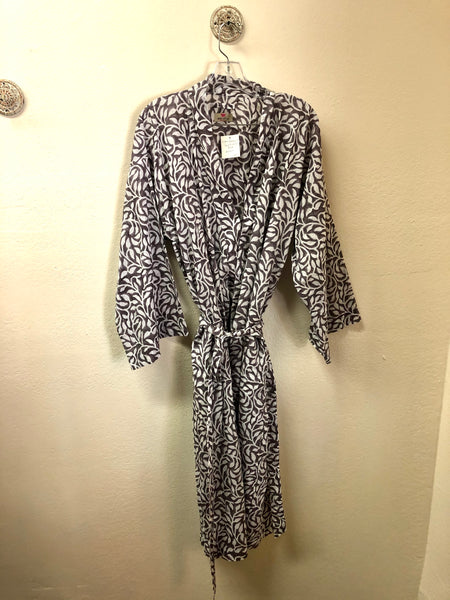 Cotton block print long kimono robe.