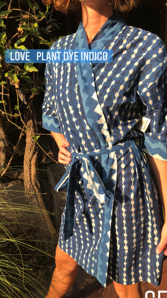 Cotton indigo plant dyed short kimono robe