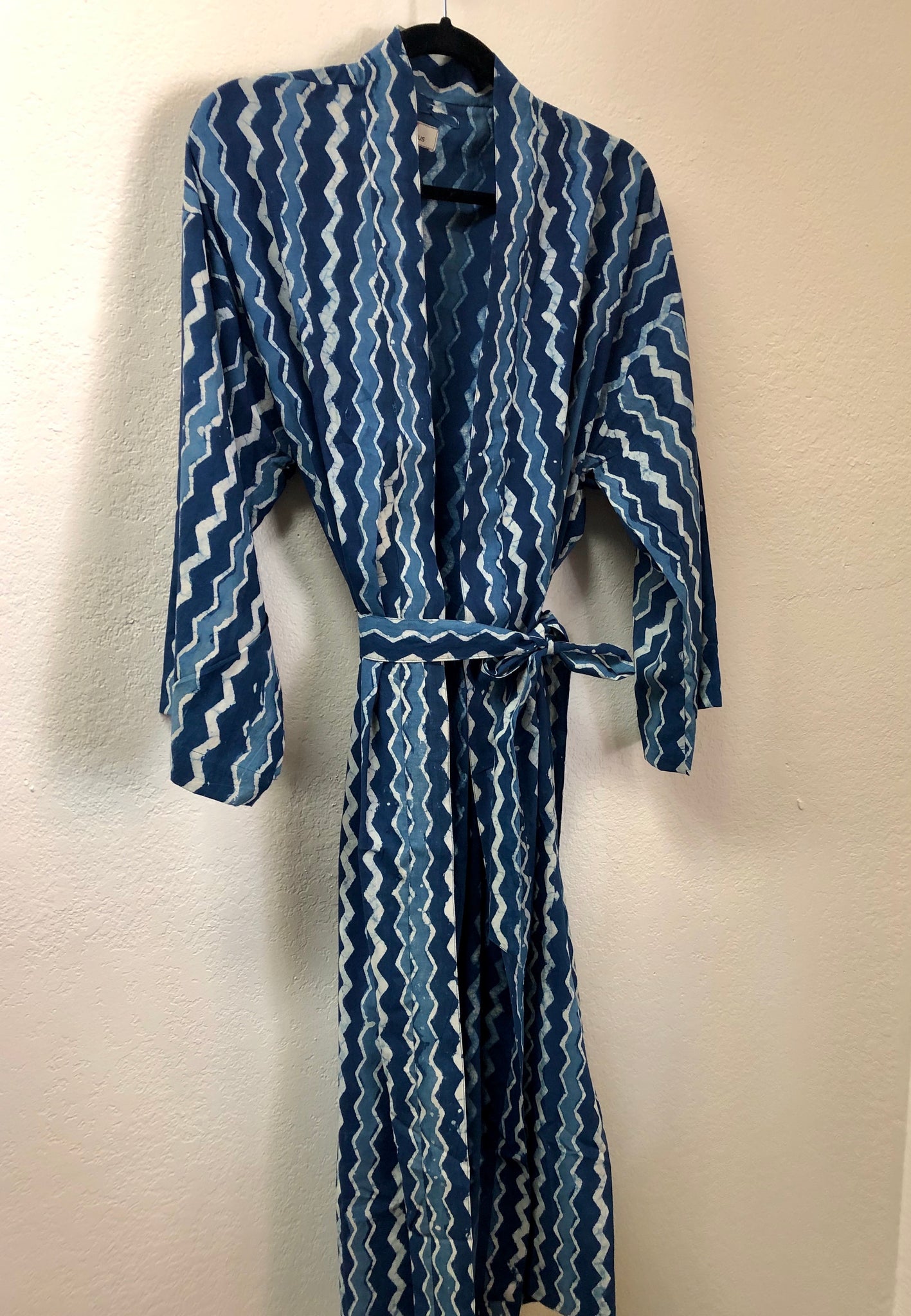 Cotton block printed long kimono robe