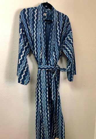 Cotton block printed long kimono robe